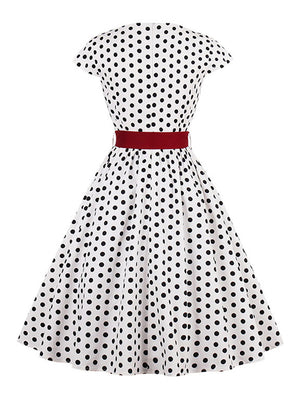 Women's Vintage Cap Sleeve Round Collar Dot Print Dress with Belt