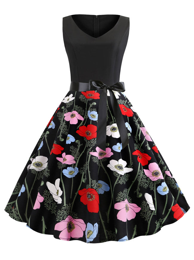 Vintage V Neck Slim Colorful Flower Pattern Splicing Sleeveless Dress