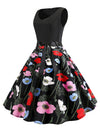 Vintage V Neck Slim Colorful Flower Pattern Splicing Sleeveless Dress