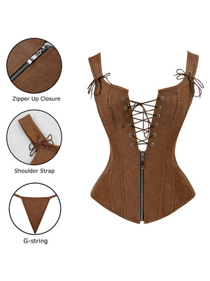 Renaissance Vintage Plus Size Faux Leather Lace Up Zipper Vest Corset Top