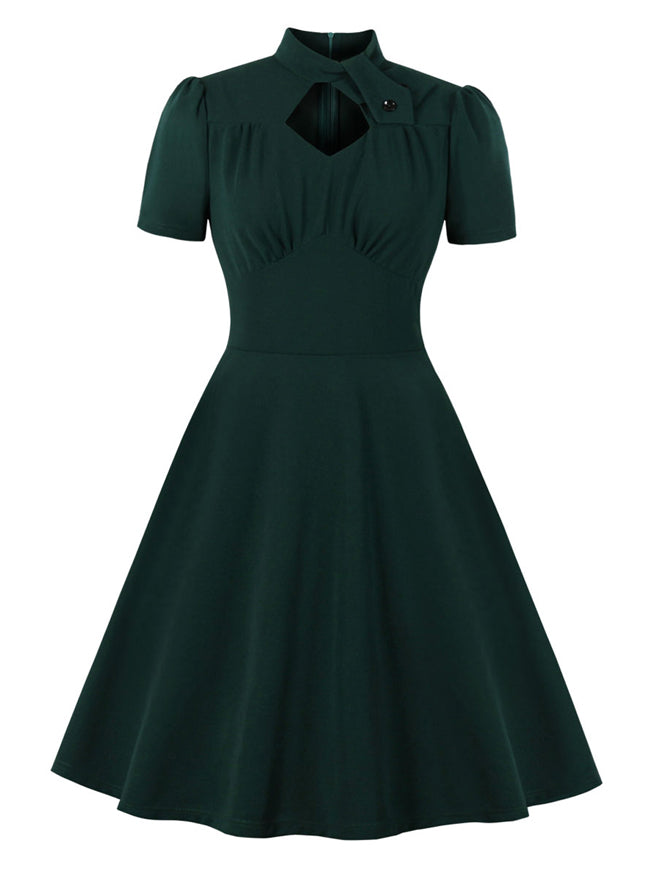 Elegant Solid Color Stand Collar Short Sleeve High Waist A-line Midi Dress