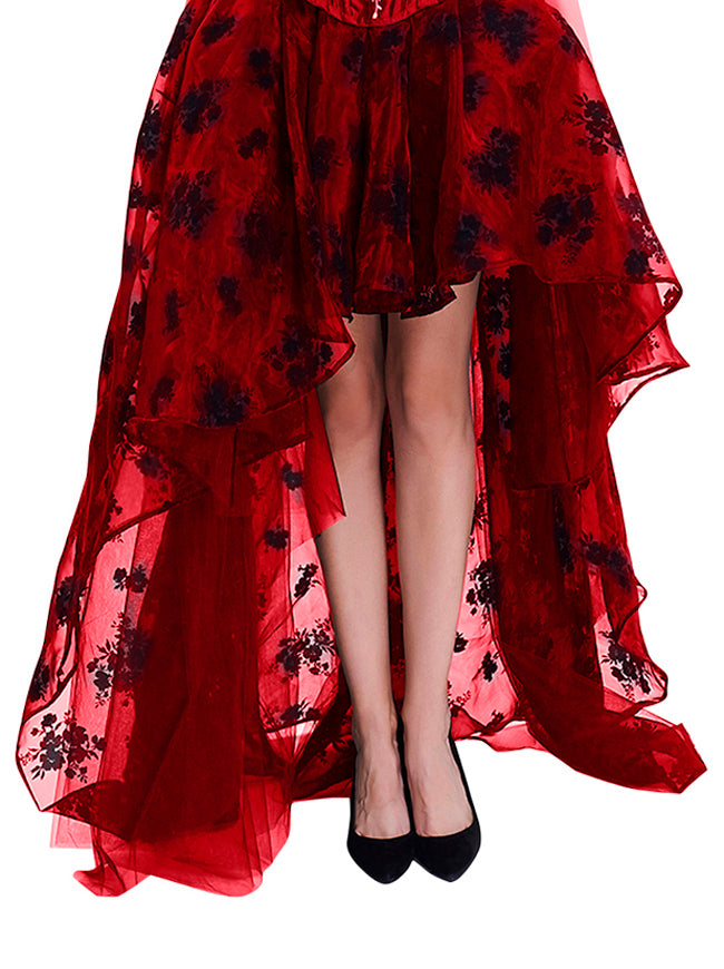 Women's Gothic Red Irregular Multi-layer Floral Print Organza High Low Elegant Flare Maxi Skirt