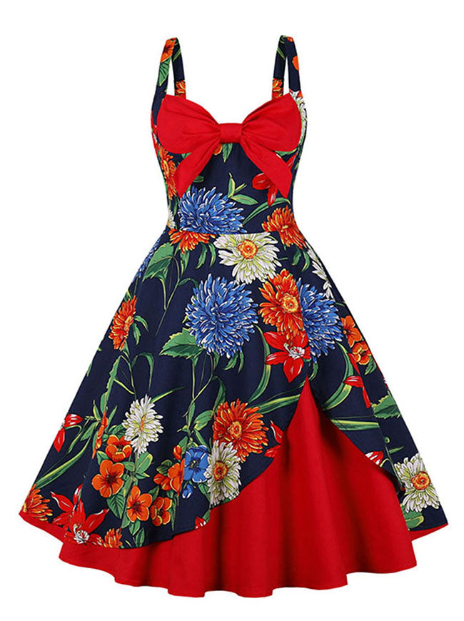 Women 50s Vintage Cotton Floral Print Front Split Dress with Inset Layer