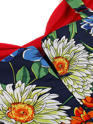 Women 50s Vintage Cotton Floral Print Front Split Dress with Inset Layer
