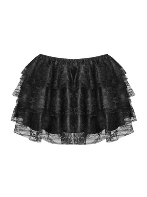 Women Gothic Floral Lace Tutu Skirt Layered Dancing Petticoat Black