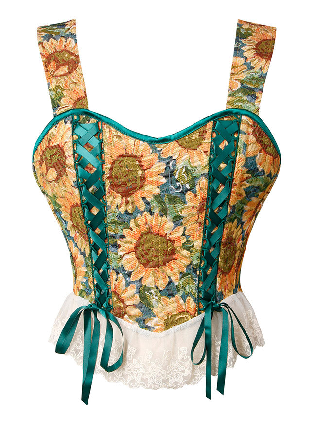 Women Vintage Floral Cami Lace Up Boned Waist Cincher Bustier Corset Crop Top with Straps