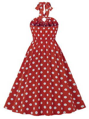 Vintage Sweetheart Neckline Halter Backless Polka Dots Knee-length Swing Dress