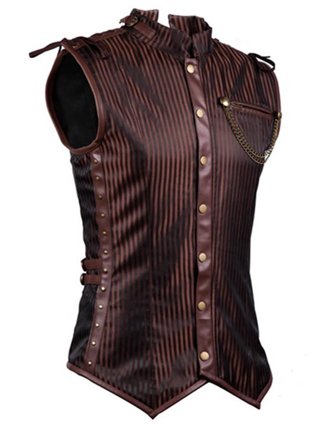 Men's Steampunk Brown Steel Boned Waistcoat Vest with Chain