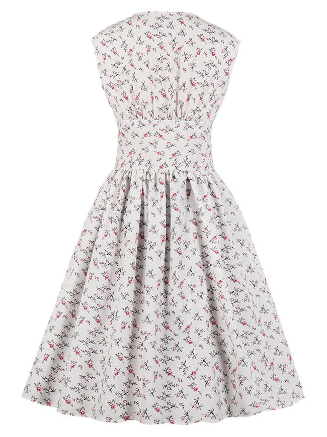 Vintage Floral Print V Neck Sleeveless Button White Swing Dress