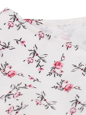 Vintage Floral Print V Neck Sleeveless Button White Swing Dress