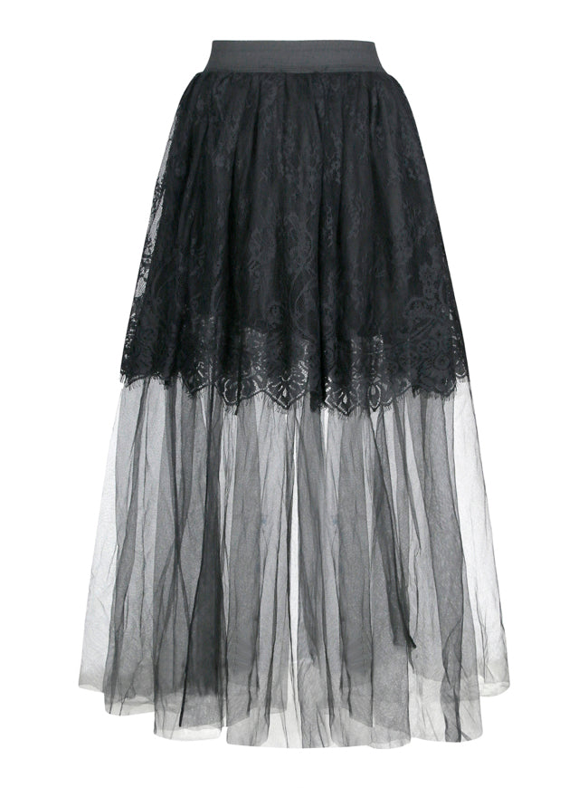 Victorian Gothic Multi-layered Sheer Mesh Outer Lace Lining Elastic High-waisted Long Skirt