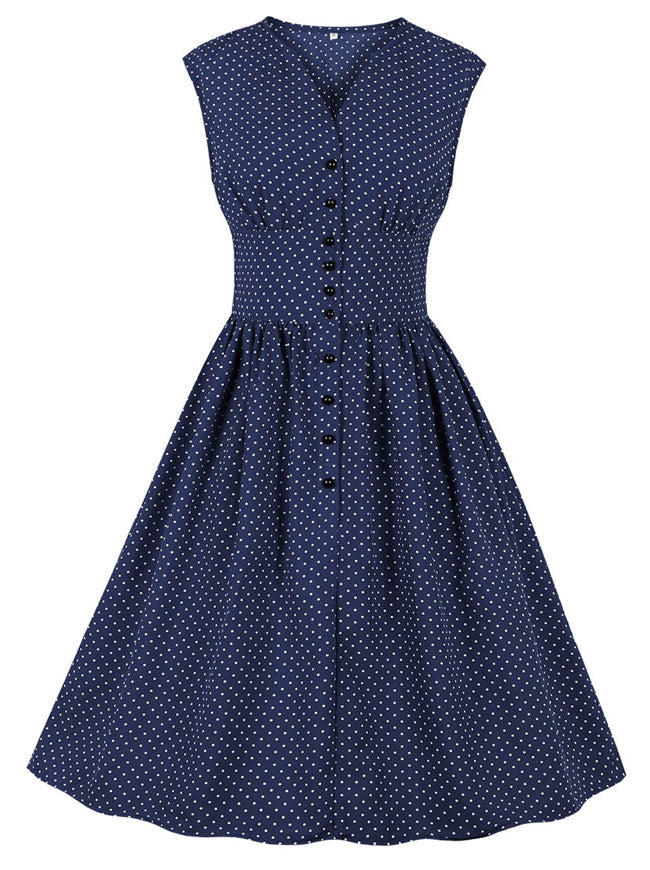 Dark blue Rockabilly Polka Dots V Neck High Waist Tea Dress