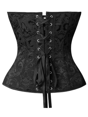 Women Burlesque Gothic Vintage Medieval Brocade Plaid Ruffles Overbust Corset Black