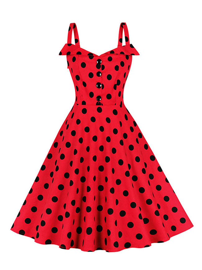 1950s Retro Sweetheart Shoulder Straps Polka Dots High Waist Summer Dress