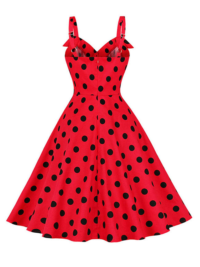 1950s Retro Sweetheart Shoulder Straps Polka Dots High Waist Summer Dress