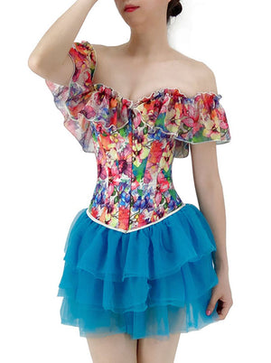 Retro Boned Floral Print Overbust Corset with Short Tutu Skirt for Women