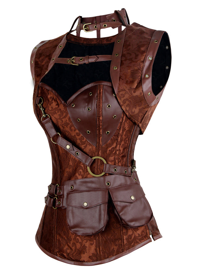 Steampunk High Neck Steel Boned Brown Brocade Outerwear Corset with Jacket