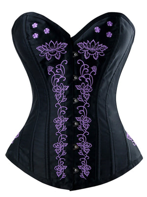 Classical Black Vintage Steel Boned Overbust Corset with Floral Embroidery
