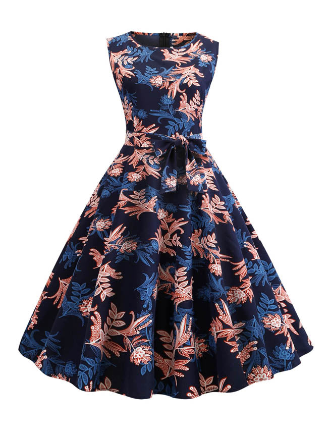 Women's Sleeveless Floral Totem Printed Swing Summer Day Dress