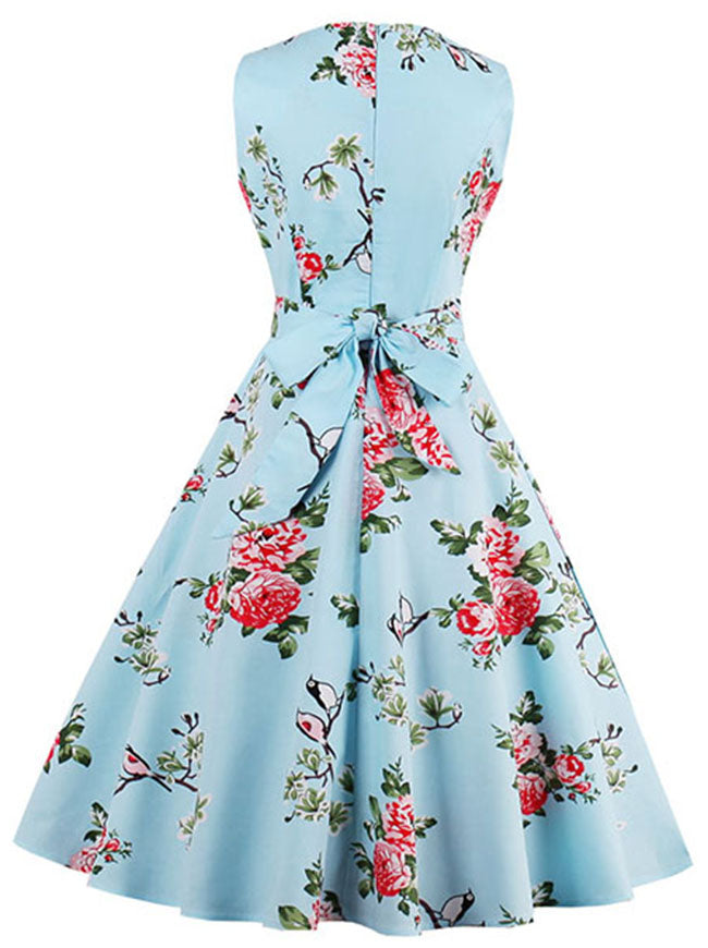 Vintage Floral Print Sleeveless Party Swing Dress