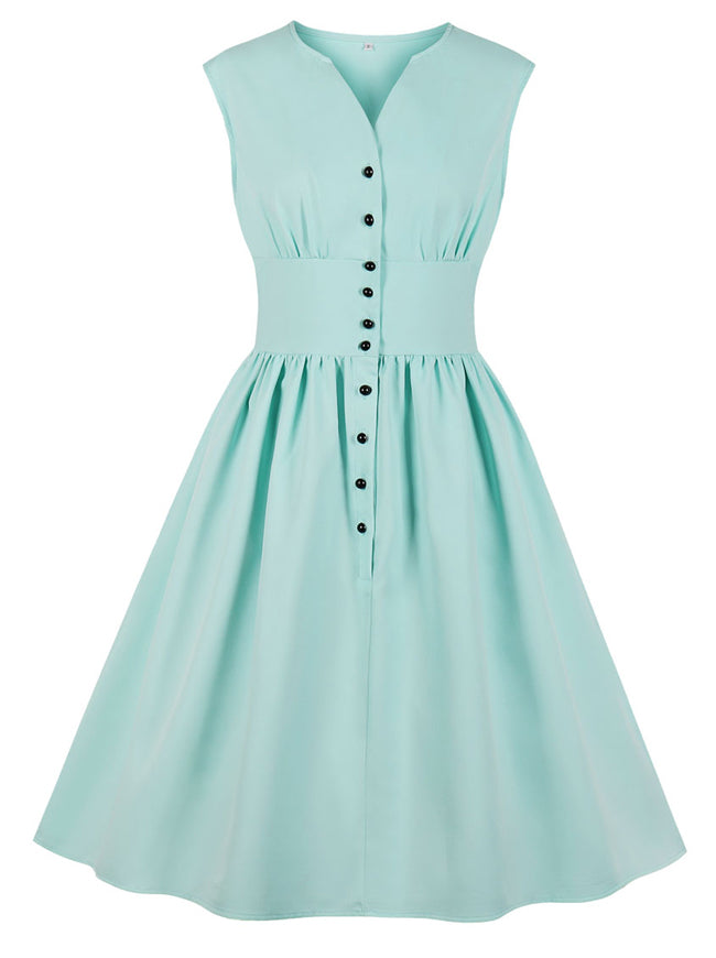 Vintage Solid Color Sleeveless V Neck Swing Pleated Dress