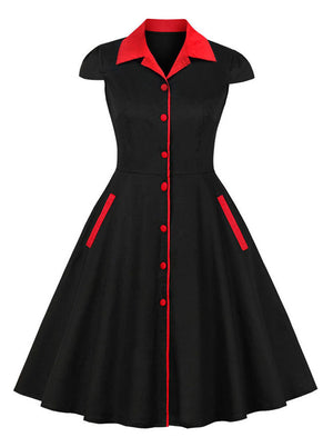 Women's Casual Lapel Flared Button Pocket Swing Cocktail Dress Black