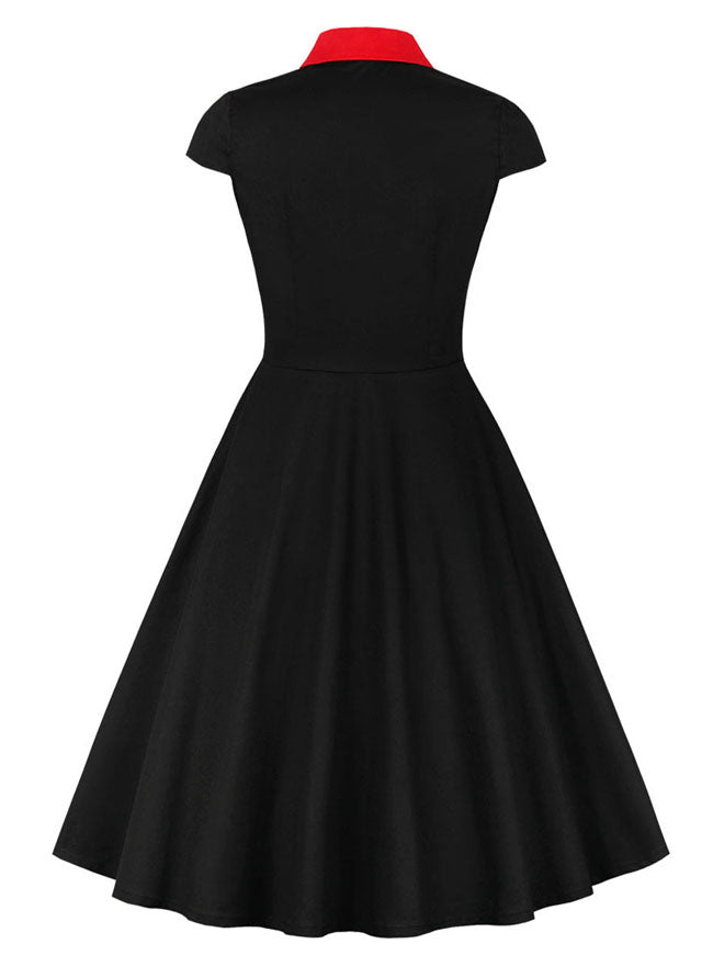 Women's Casual Lapel Flared Button Pocket Swing Cocktail Dress Black