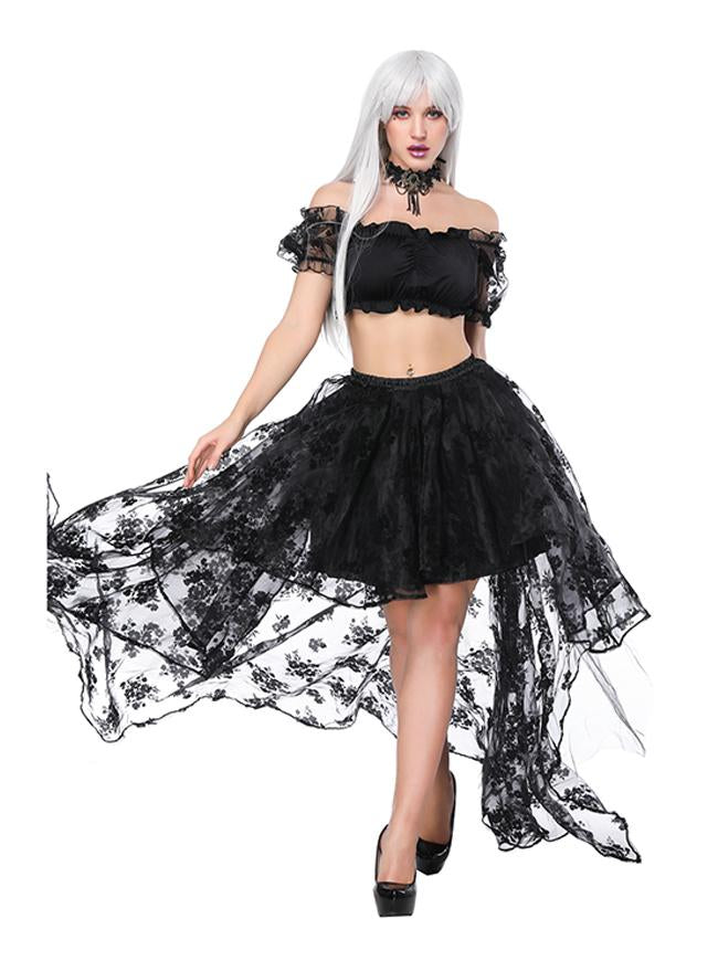 Women's Sexy Off Shoulder Ruffled Crop Top with High Waist Elastic High Low Black Skirt Sets