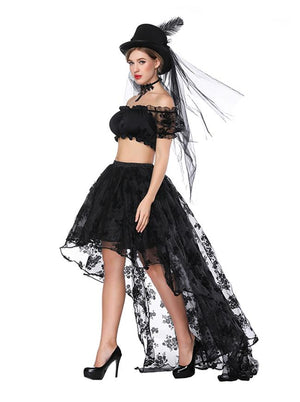 Women's Sexy Off Shoulder Ruffled Crop Top with High Waist Elastic High Low Black Skirt Sets