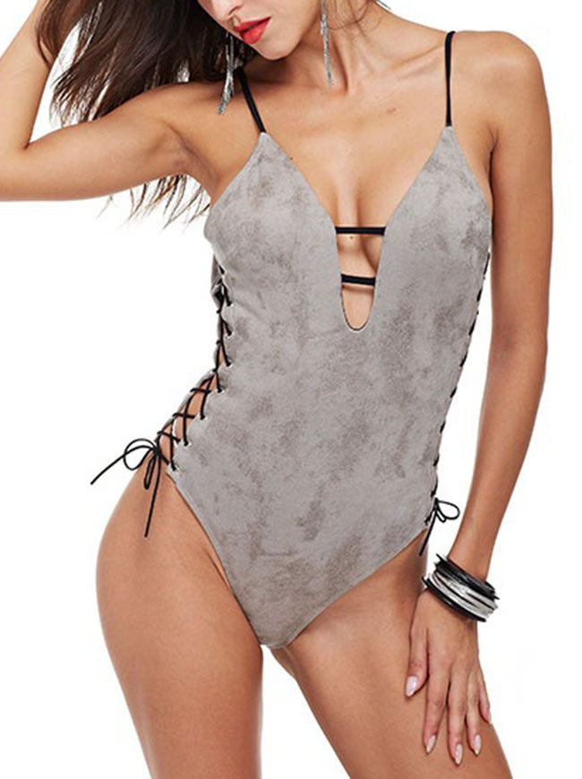 Grey Spaghetti Straps Deep V Lace-up Backless One-piece Swimsuit