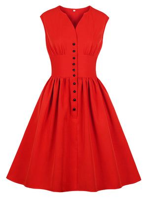 Women's Rockabilly Solid Color V Neck Sleeveless Vintage Dress