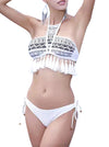 Retro White Halter Pattern Print Tassel High Waist Lace-up Bikini Set