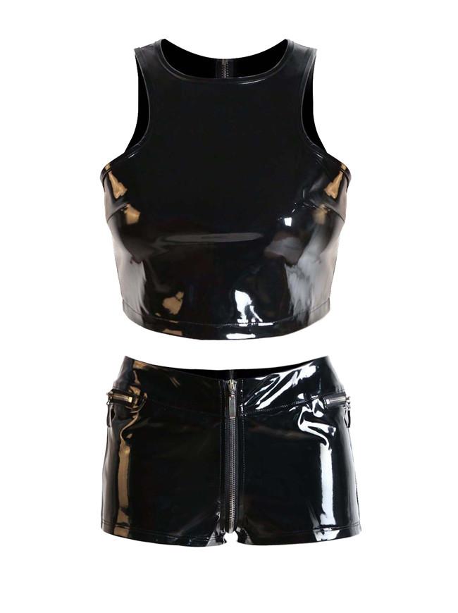 Women's Gothic Punk Clubwear Black Faux Leather Tank Top Crop Top and Short Pants Set