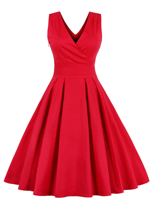 1950's Vintage Solid Color Deep V Casual Swing Party Dress