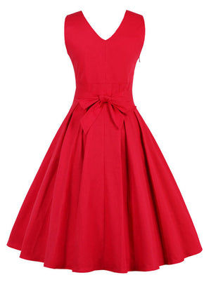 1950's Vintage Solid Color Deep V Casual Swing Party Dress