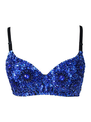 Blue Floral Sequin Bead and Gem B Cup Bra Dancing Top