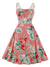 Vintage Coral-pink Floral Print High Waist Summer Swing Dress