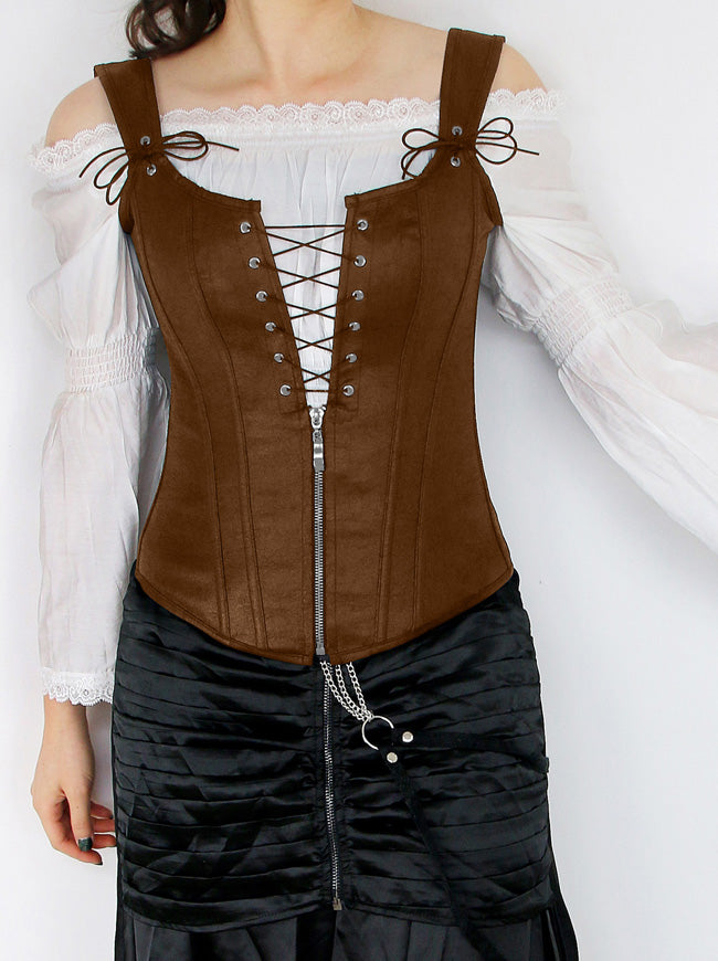 Victorian Ruffle Off Shoulder Blouse Top with Punk Leather Vest Corset