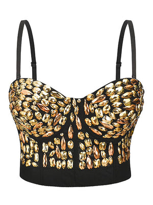 Women Punk Golden Beads B Cup Padded Boned Clubwear Bustier Bra Top