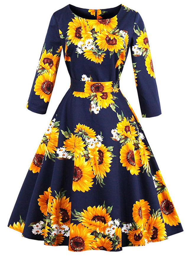 Retro Round Neck 3/4 Length Sleeve Sunflower Pattern Dating Dress