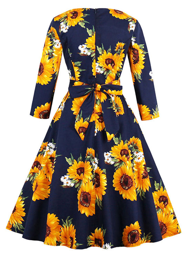 Retro Round Neck 3/4 Length Sleeve Sunflower Pattern Dating Dress