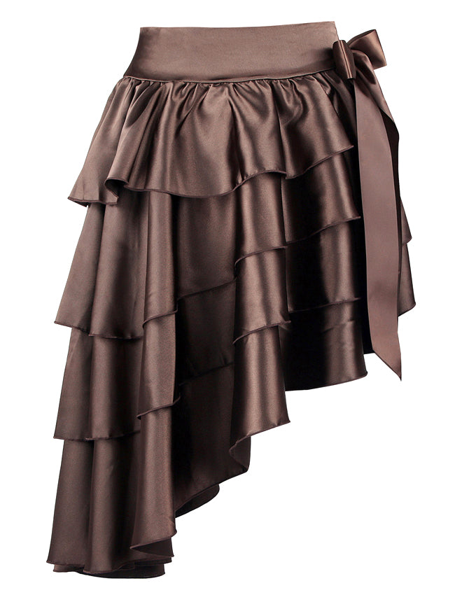 Womens Steampunk Skirt Brown Satin High-low Ruffles Dancing Party Skirt