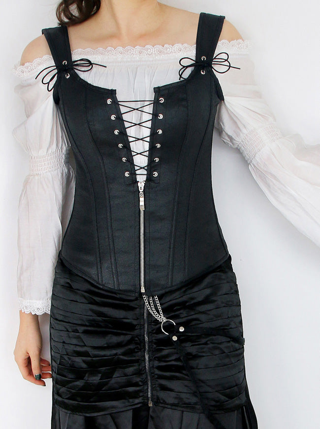 Victorian Ruffle Off Shoulder Blouse Top with Punk Leather Vest Corset
