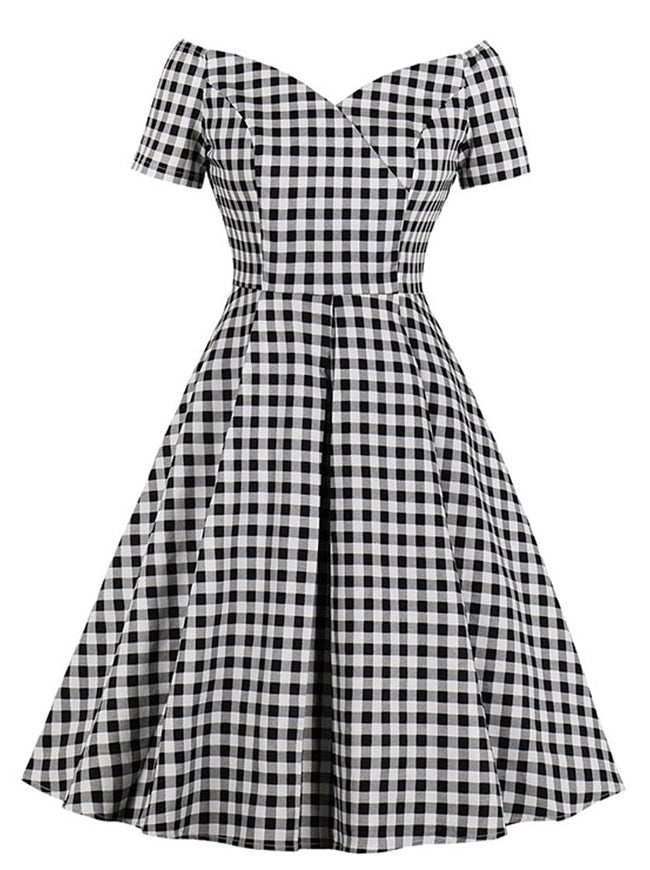 Vintage Audrey Hepburn Style Off-Shoulder Plaid Dress