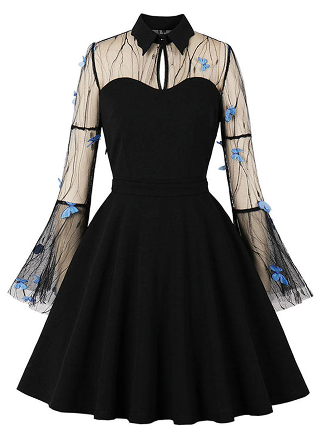 Classical Lapel Butterfly Embroidered Plus Size Mesh Long Sleeves Midi Dress