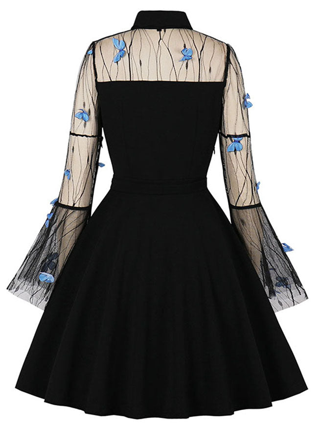 Classical Lapel Butterfly Embroidered Plus Size Mesh Long Sleeves Midi Dress