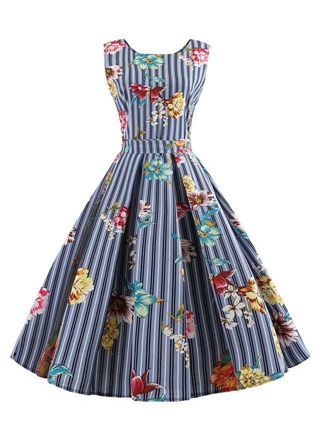 Retro Sleeveless Blue Strips Floral Printed Summer Swing Dress