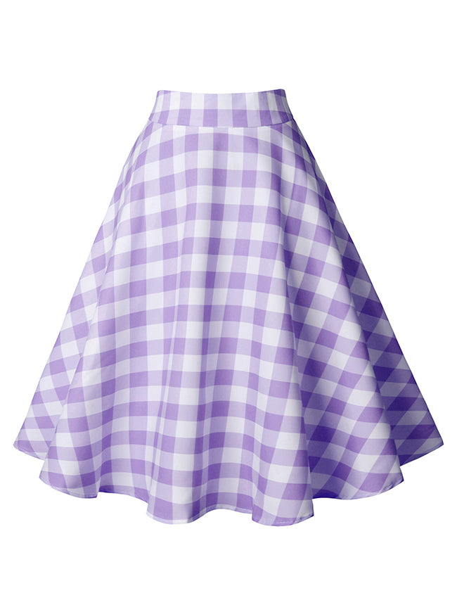 Women's Fashion Vintage Cotton Plaid High Waist Ruffle Swing Midi Skirt Purple Skirt
