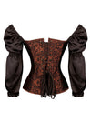 Women's Renaissance Victorian Brocade Long Sleeves Overbust Corset Top Brown