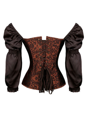 Women's Renaissance Victorian Brocade Long Sleeves Overbust Corset Top Brown